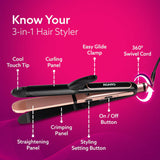 3-in-1 hair styler with features labeled on a pink background