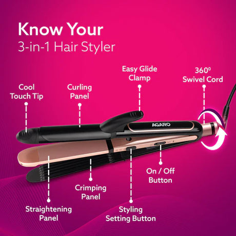 3-in-1 hair styler with features labeled on a pink background