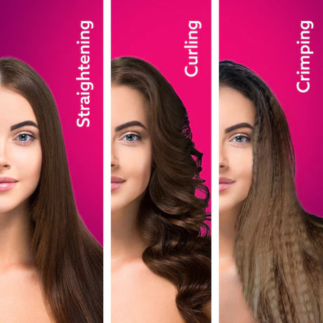 Three stages of hair transformation with a woman's face on a pink background.