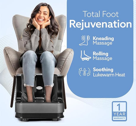 Woman using a massage chair with text highlighting features on a blue background