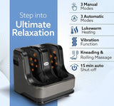Foot massage device with features listed on a blue and white background