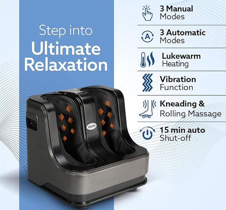 Foot massage device with features listed on a blue and white background