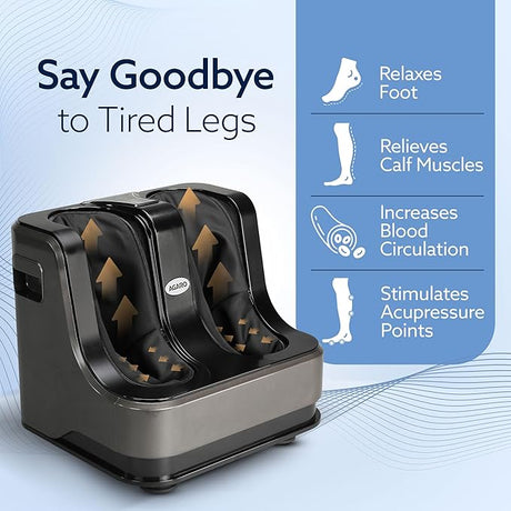 Foot massager with text highlighting its benefits on a light blue background