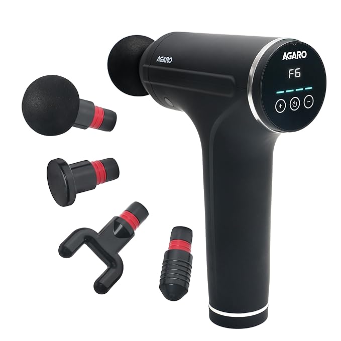 Black massage gun with interchangeable heads