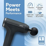 Black massage gun with Agaro branding on a blue background, featuring text about power, performance, and product features.
