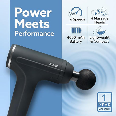 Black massage gun with Agaro branding on a blue background, featuring text about power, performance, and product features.