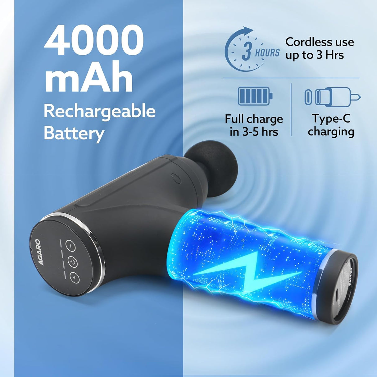 Massage gun with 4000mAh rechargeable battery on a blue background