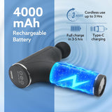 Massage gun with 4000mAh rechargeable battery on a blue background