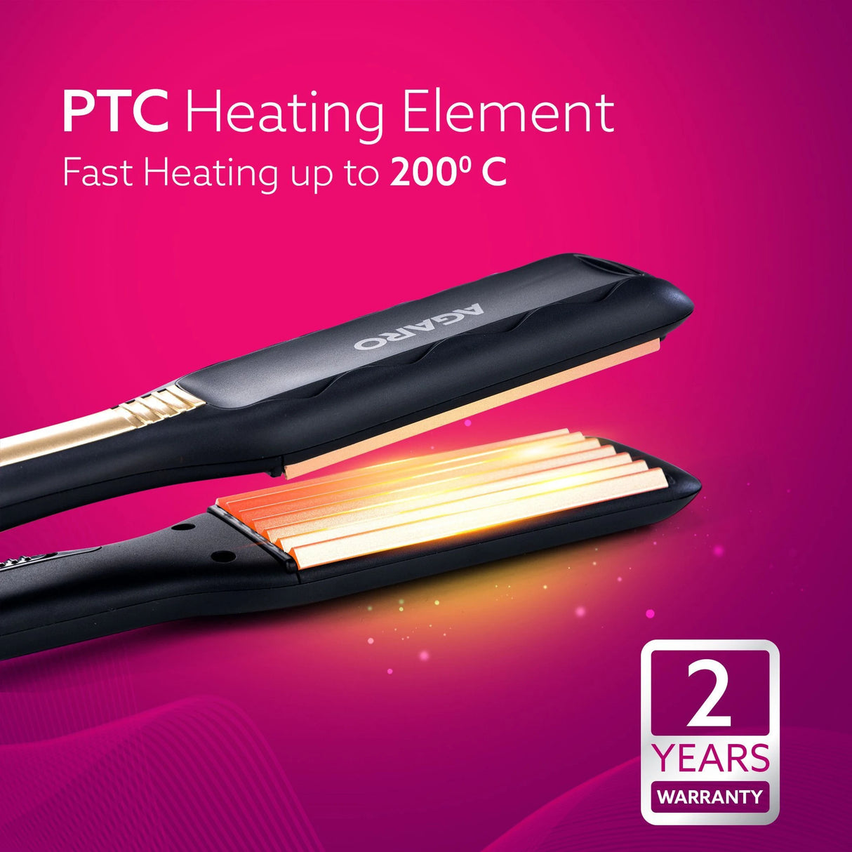 Hair straightener with PTC heating element on a pink background, featuring the logo.