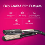 Hair straightener with features listed on a pink background
