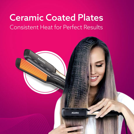 Hair straightener with ceramic coated plates on a pink background, featuring a woman using it.