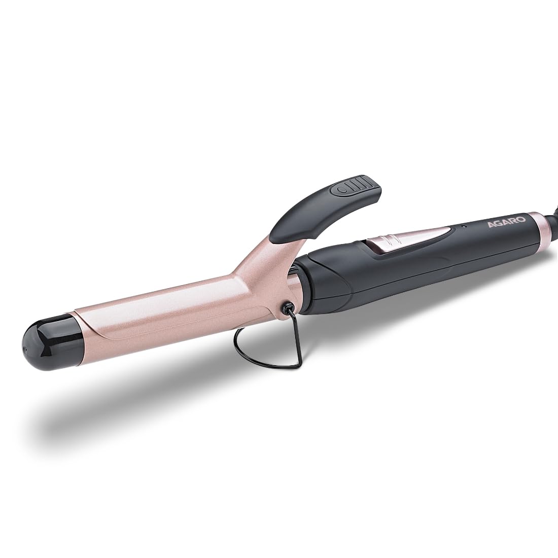 Hair curler with rose gold and black design on a white background