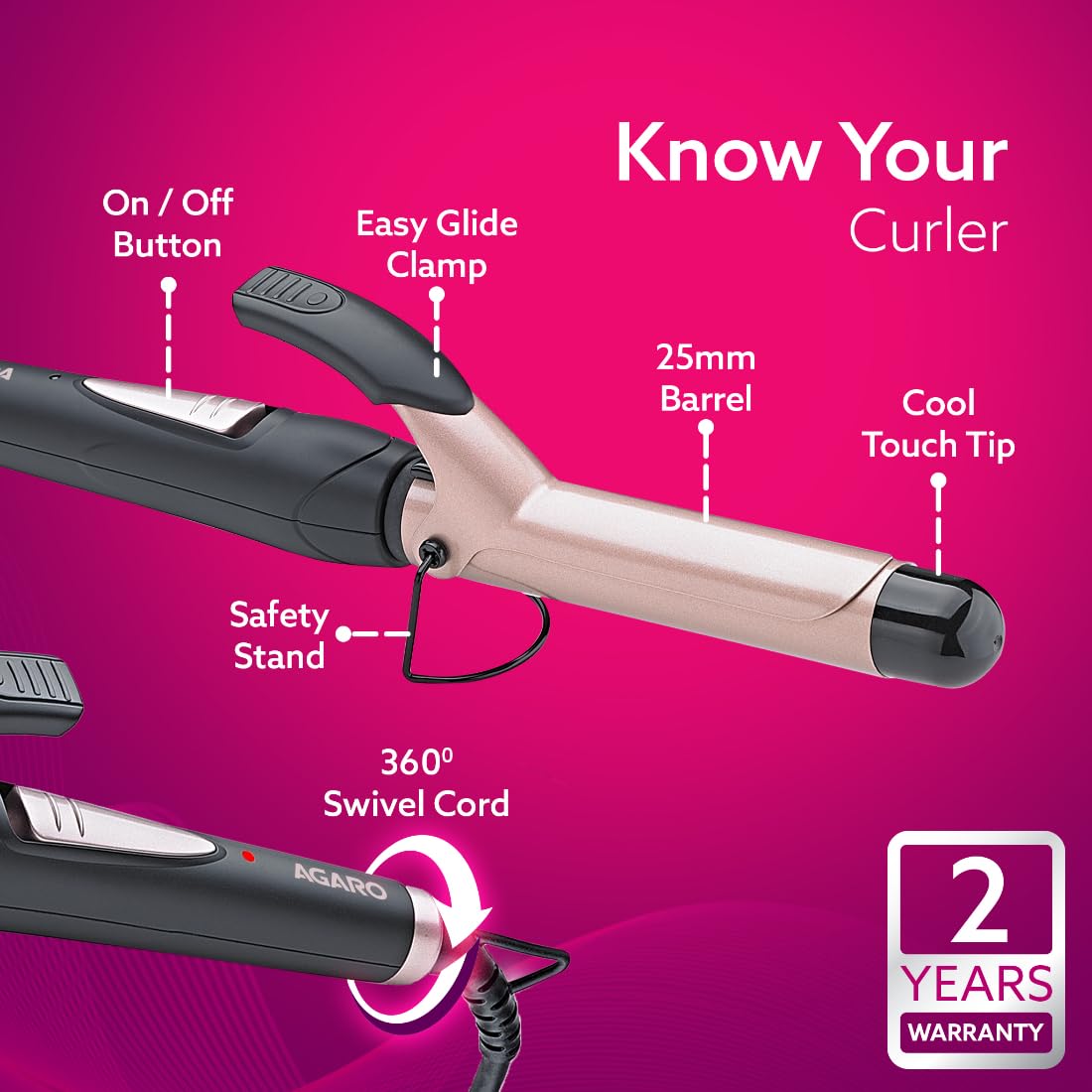 Hair curler with labeled features on a pink background