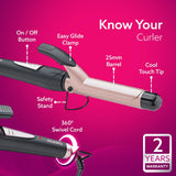 Hair curler with labeled features on a pink background