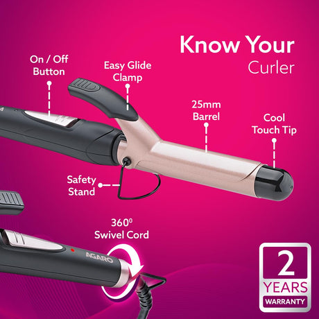 Hair curler with labeled features on a pink background
