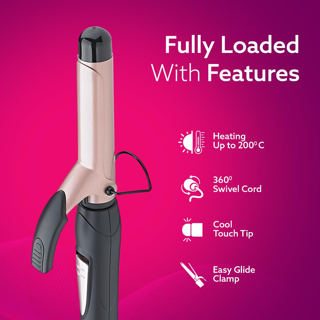 Hair styling tool with features listed on a pink background