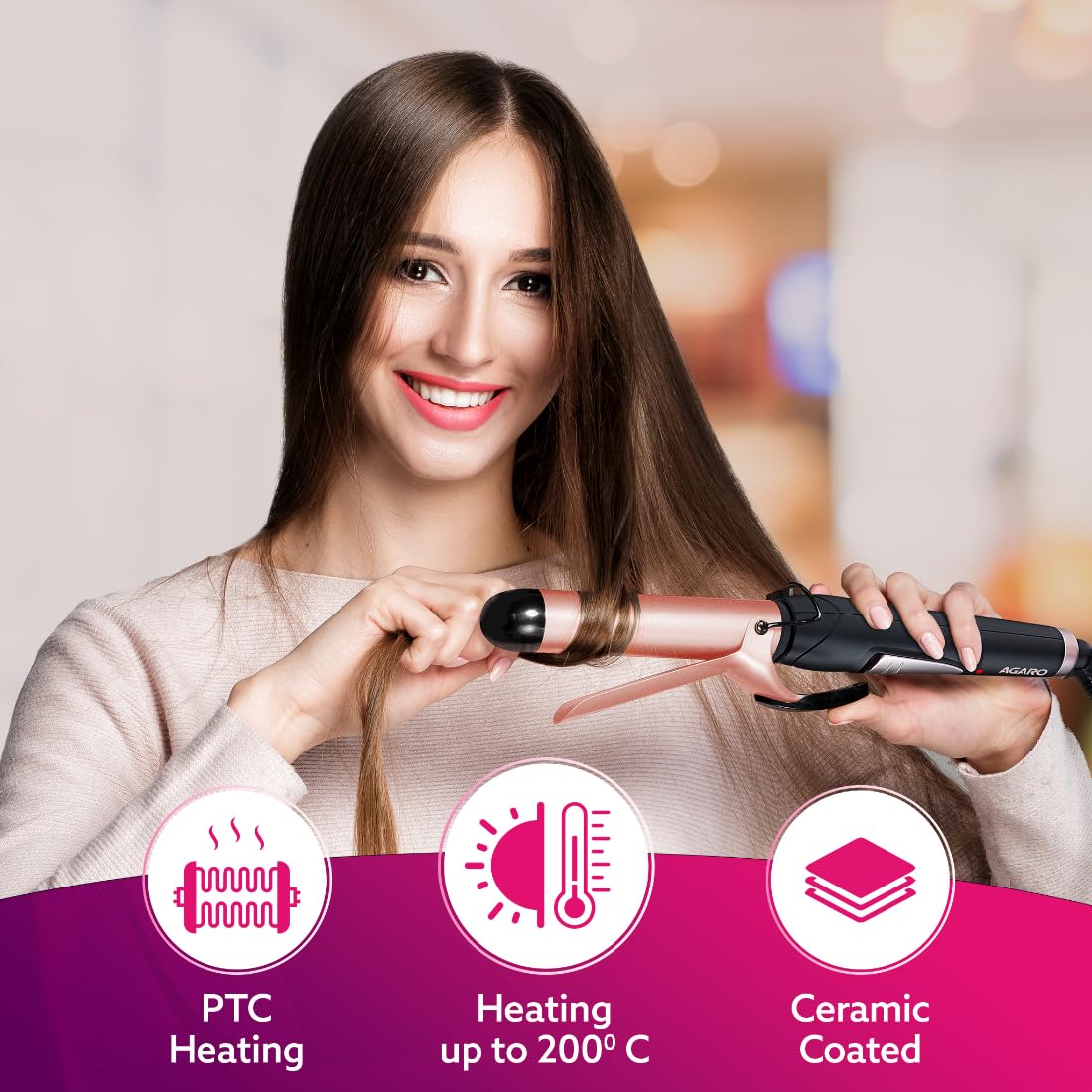 Woman using a hair straightener with product features highlighted on a blurred background
