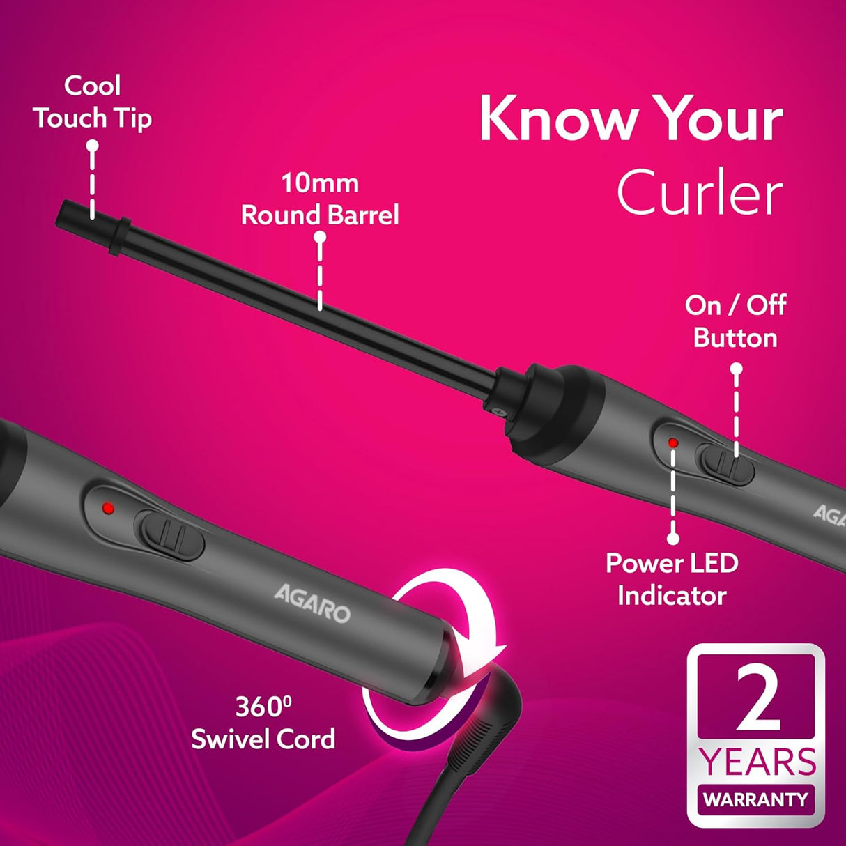 Hair curler with labeled features on a pink background