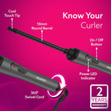 Hair curler with labeled features on a pink background