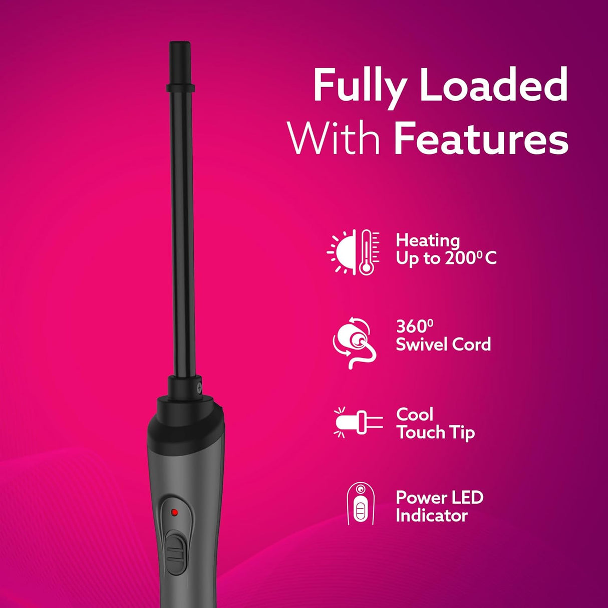 Hair straightener with features listed on a pink background