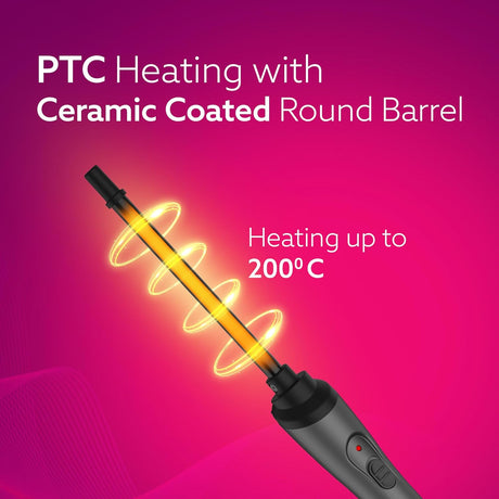 PTC heating device with ceramic-coated round barrel on a pink background