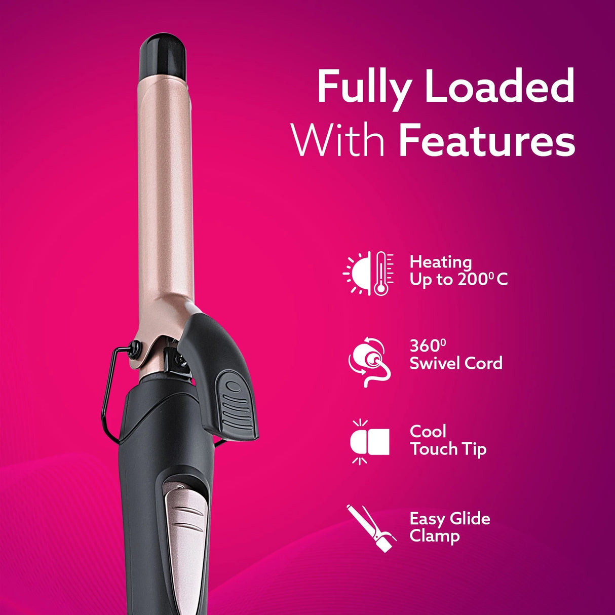 Hair curler with features listed on a pink background