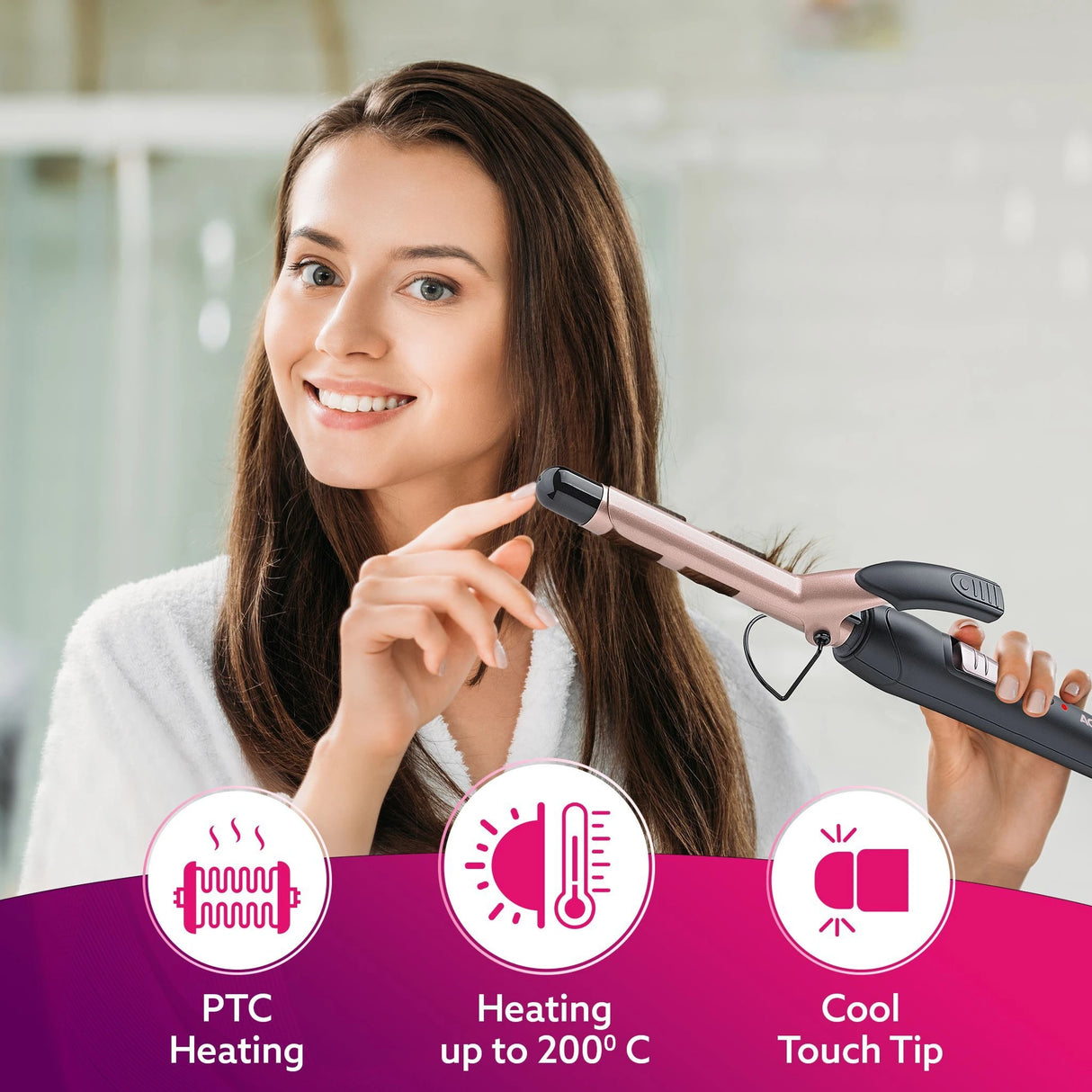 Woman holding a hair curler with product features displayed on a purple banner.