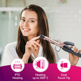 Woman holding a hair curler with product features displayed on a purple banner.