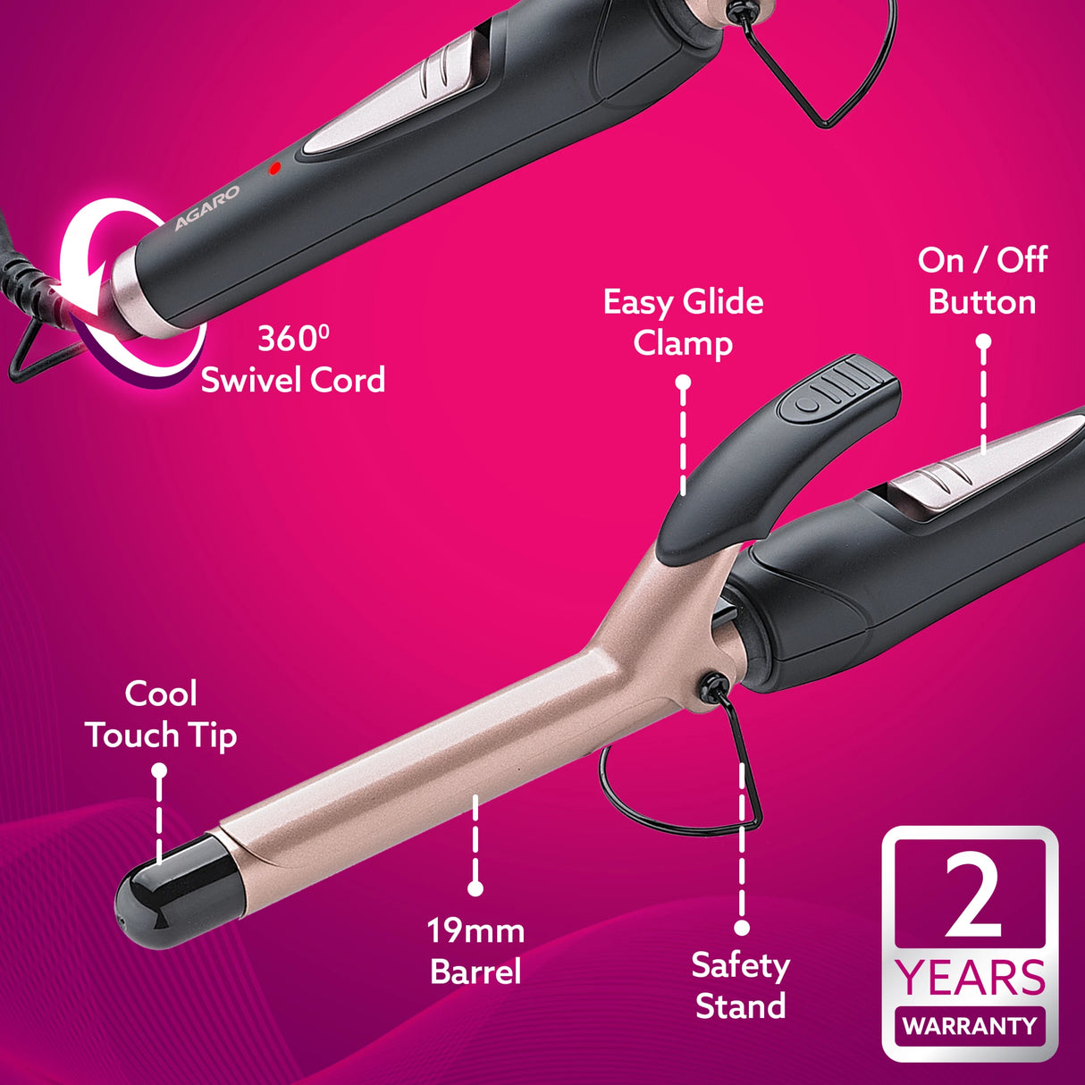 Hair curling iron with features highlighted on a pink background