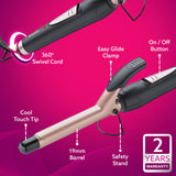 Hair curling iron with features highlighted on a pink background