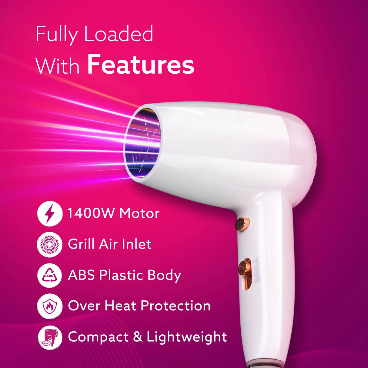 White hair dryer on a pink background with features listed