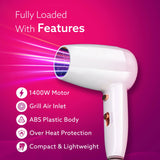 White hair dryer on a pink background with features listed
