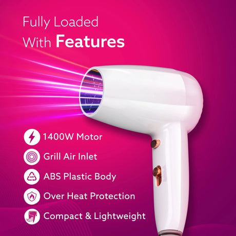 White hair dryer on a pink background with features listed