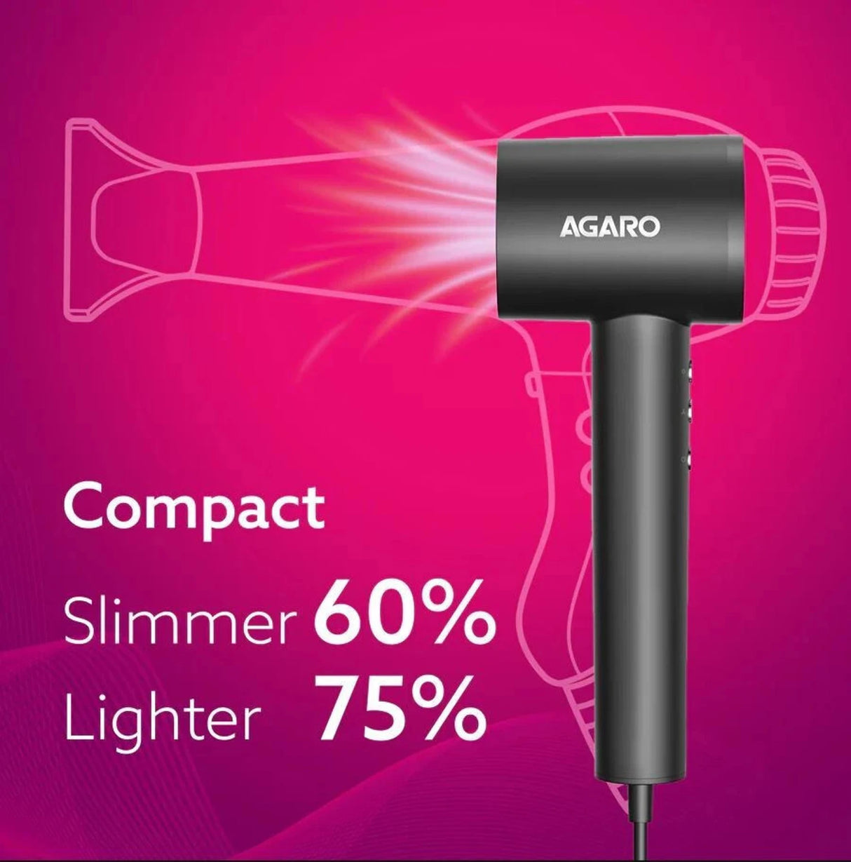 Black hair dryer with 'Agaro' branding on a pink background