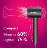 Black hair dryer with 'Agaro' branding on a pink background