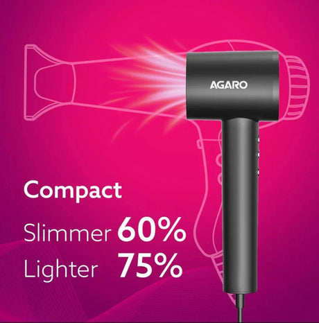 Black hair dryer with 'Agaro' branding on a pink background