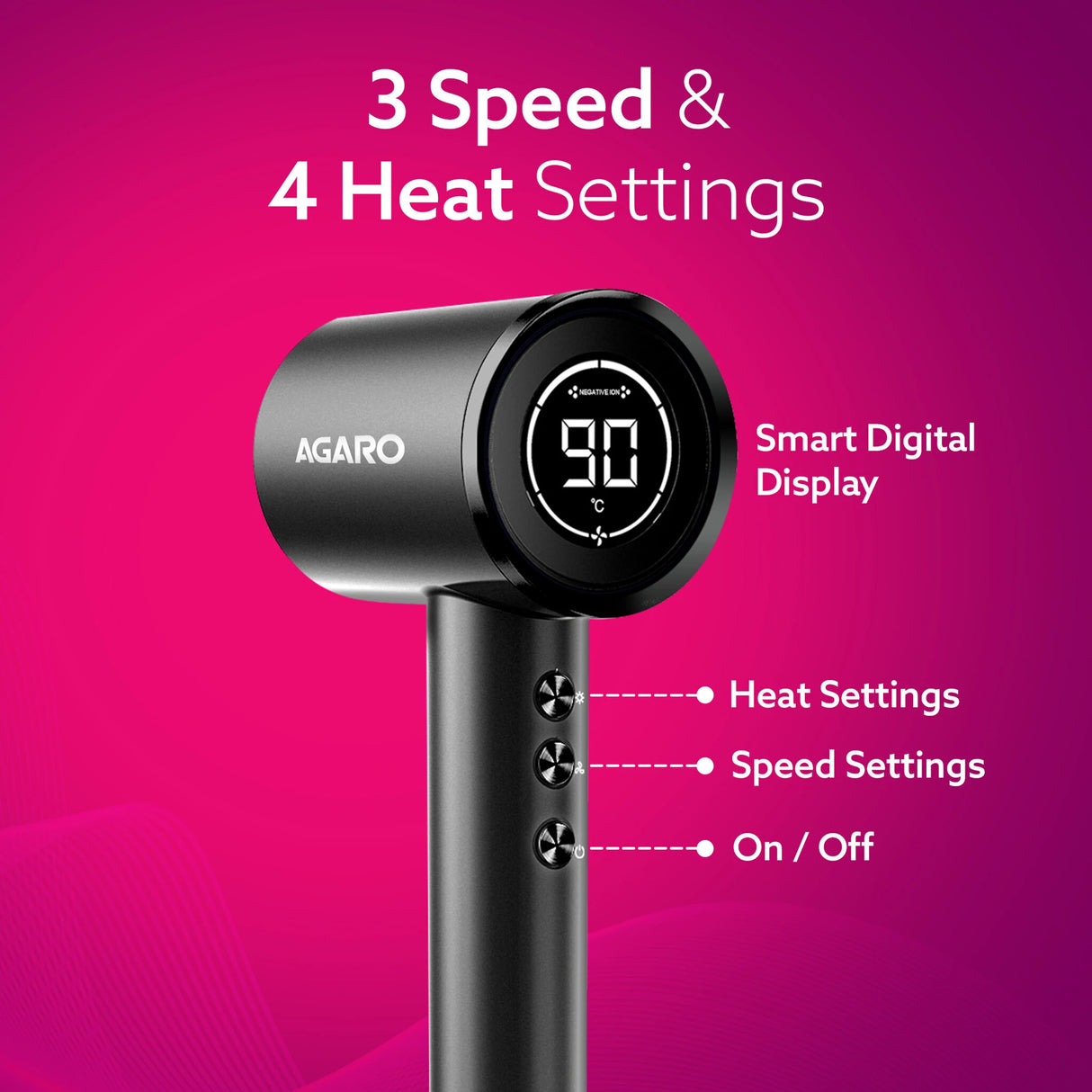 Black hair dryer with digital display on a pink background, featuring the brand 'Agaro'.