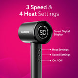 Black hair dryer with digital display on a pink background, featuring the brand 'Agaro'.