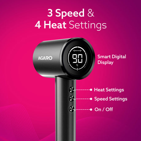 Black hair dryer with digital display on a pink background, featuring the brand 'Agaro'.