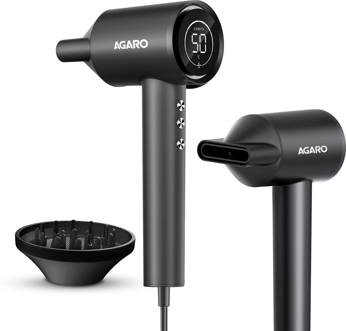 Black Agaro hair dryer with attachments on a white background
