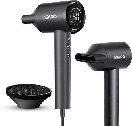 Black Agaro hair dryer with attachments on a white background