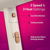 Hair straightener with labeled features on a pink background