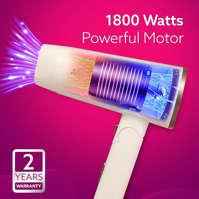 Hair dryer with 1800 watts and powerful motor on a pink background