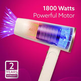 Hair dryer with 1800 watts and powerful motor on a pink background