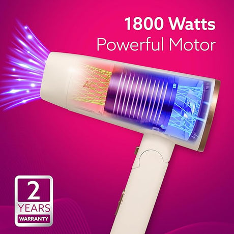 Hair dryer with 1800 watts and powerful motor on a pink background