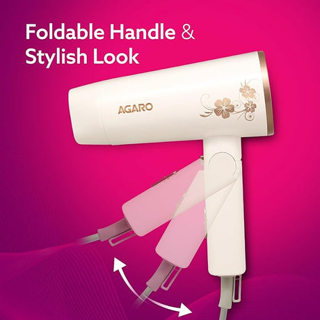 White hair dryer with floral design on a pink background, featuring the Agaro brand.
