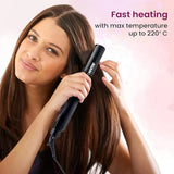 Woman using a hair straightener with text about fast heating and temperature on a pink background
