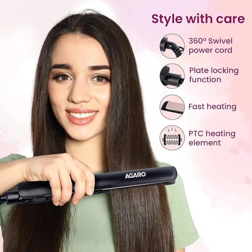Woman using a hair straightener with product features listed on a pink background