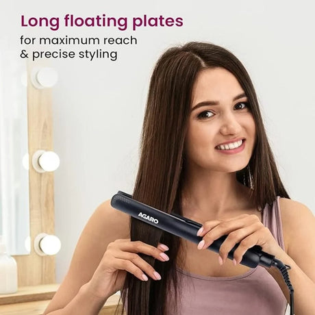 Woman using a hair straightener with text about long floating plates