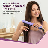 Woman using a hair straightener with text about keratin-infused ceramic coating